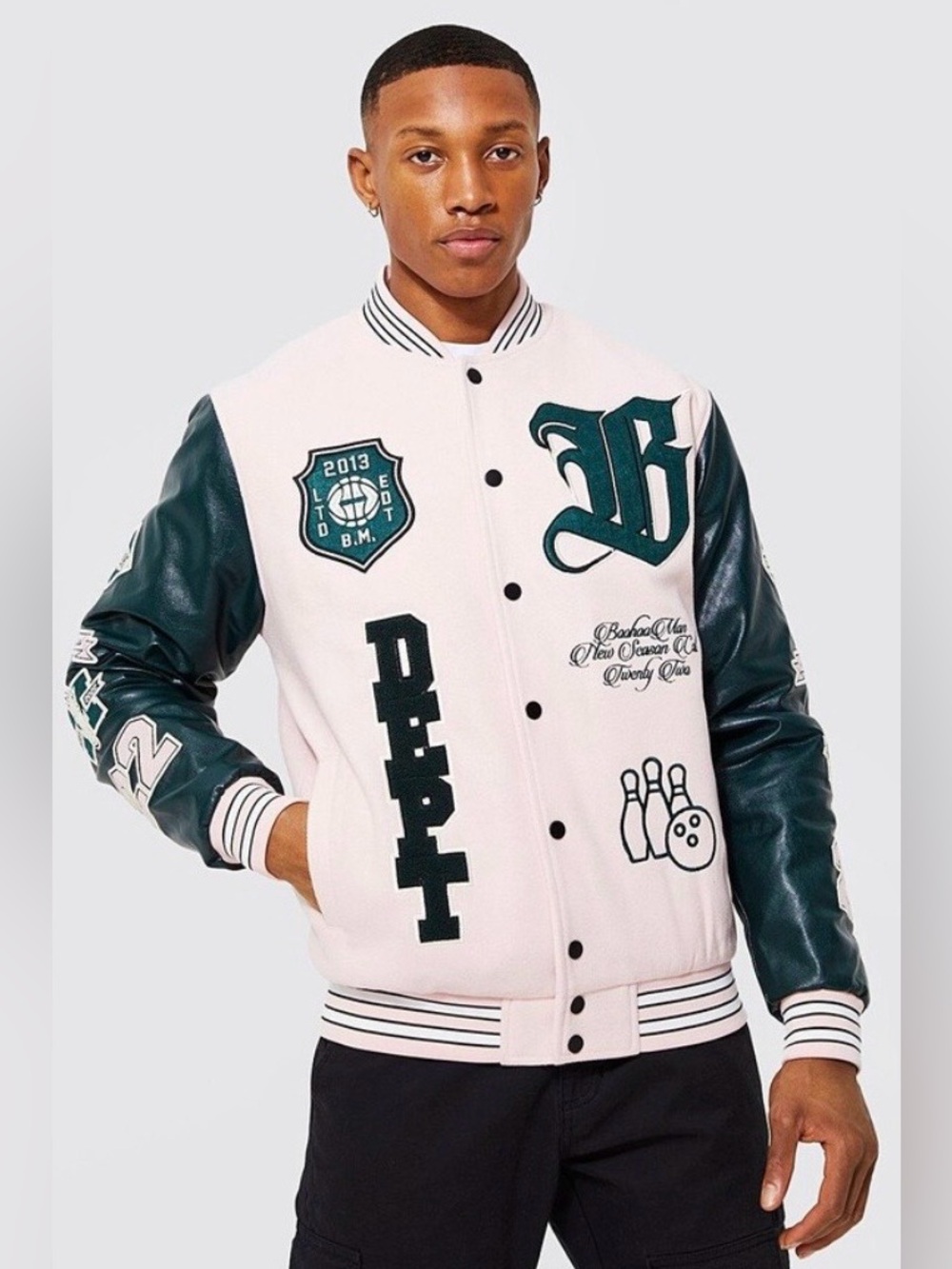 NWT Boohoo Men Pink/Green Varsity Jacket Size Medium